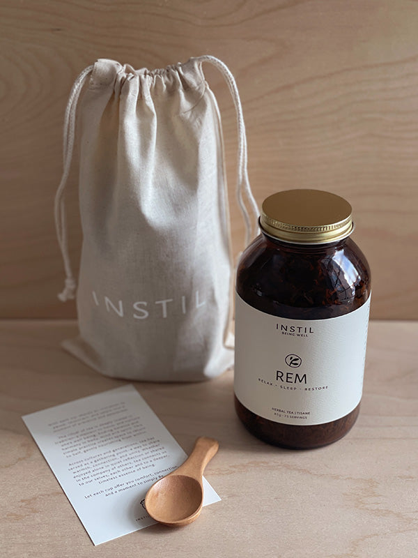 Instil REM tea jar with wooden spoon and cotton bag